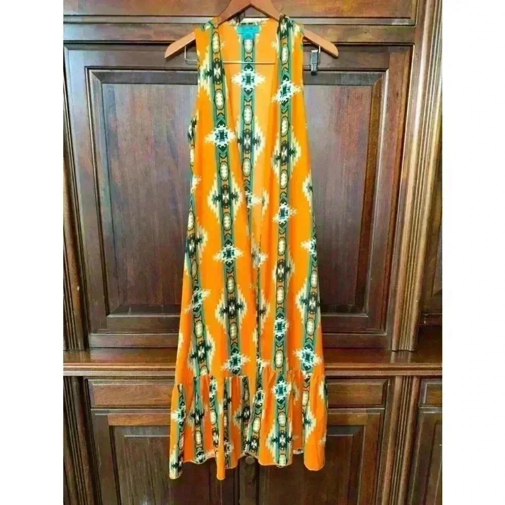 Turquoise Haven Long Rayon Kimono S/M Orange Teal Aztec / Western Wear Design - Picture 2 of 12